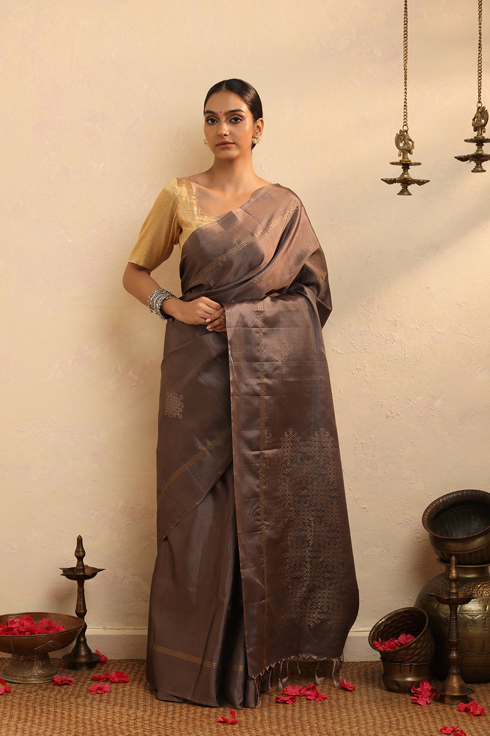 Handloom Brown Zari Pure Silk  Kanchi Contemporary Saree