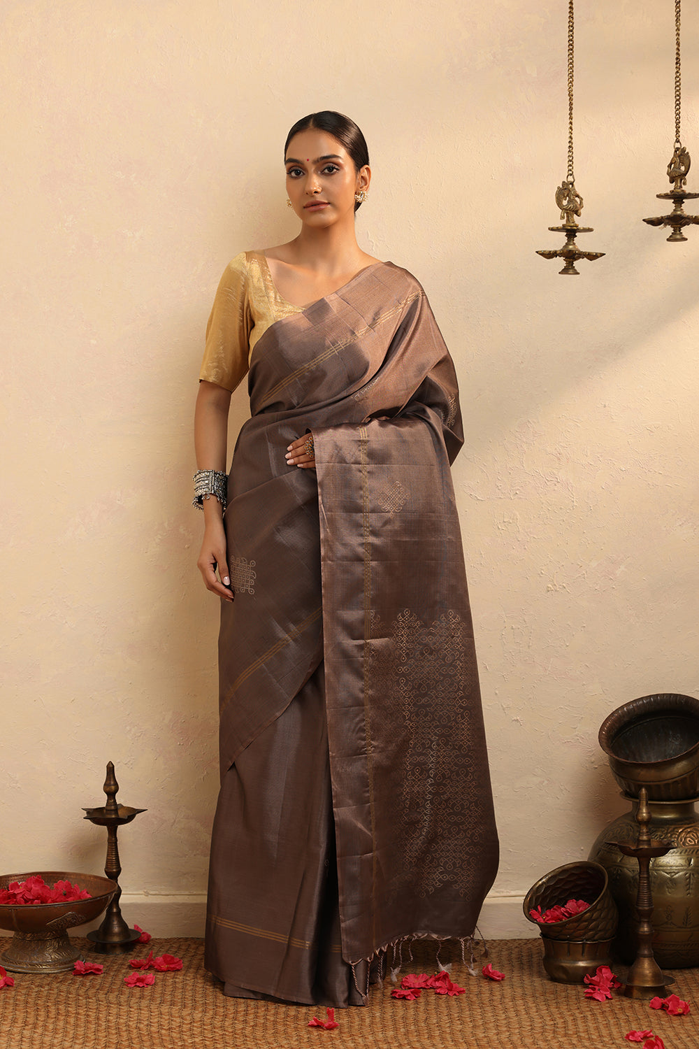 Handloom Brown Zari Pure Silk  Kanchi Contemporary Saree