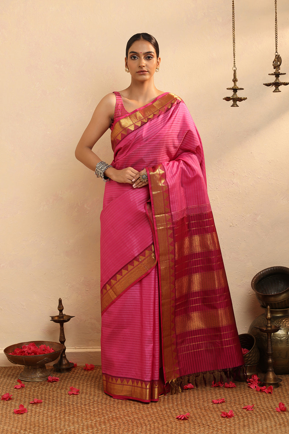 Handloom Pink Stripes Pure Silk  Kanchi Contemporary Saree