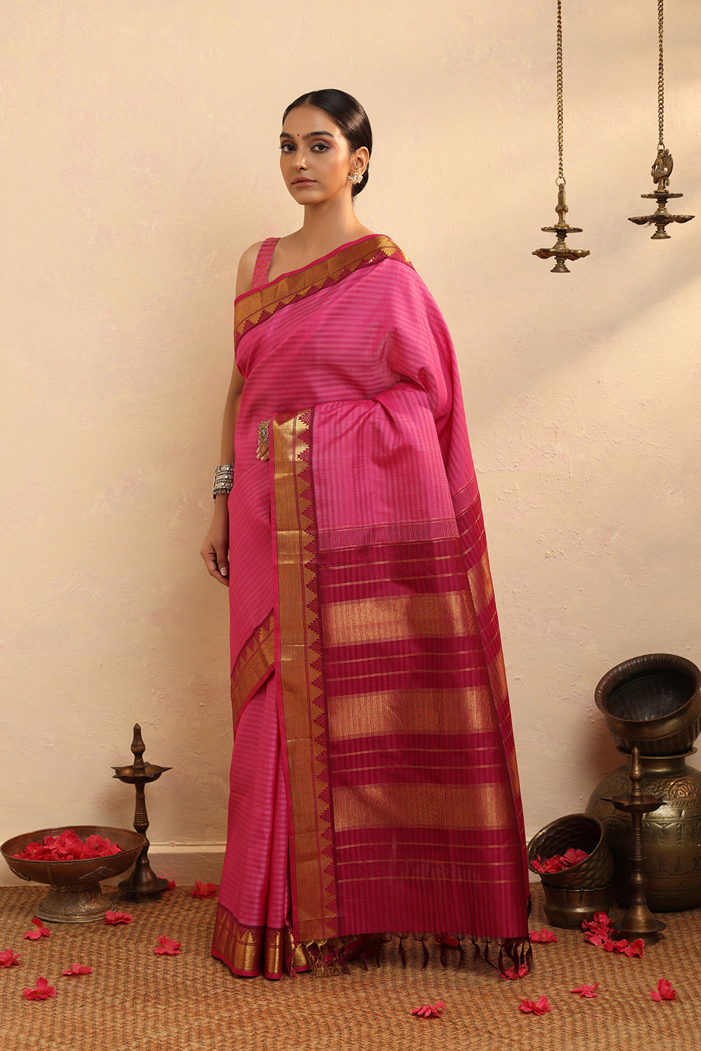 Handloom Pink Stripes Pure Silk  Kanchi Contemporary Saree