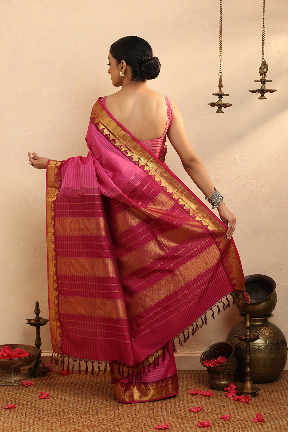 Handloom Pink Stripes Pure Silk  Kanchi Contemporary Saree