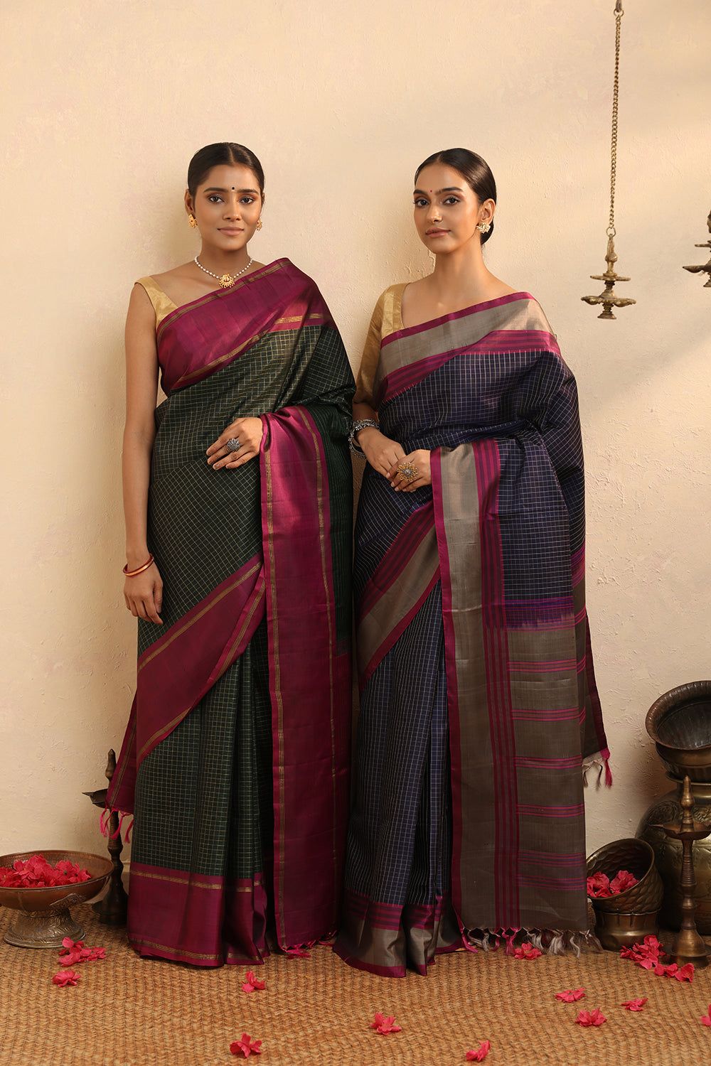 Handloom Dark Green Checks Pure Silk  Kanchi Contemporary Saree