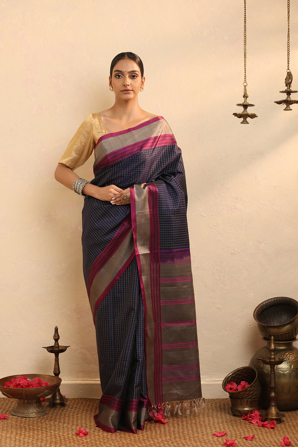 Handloom Purple Checks Pure Silk  Kanchi Contemporary Saree