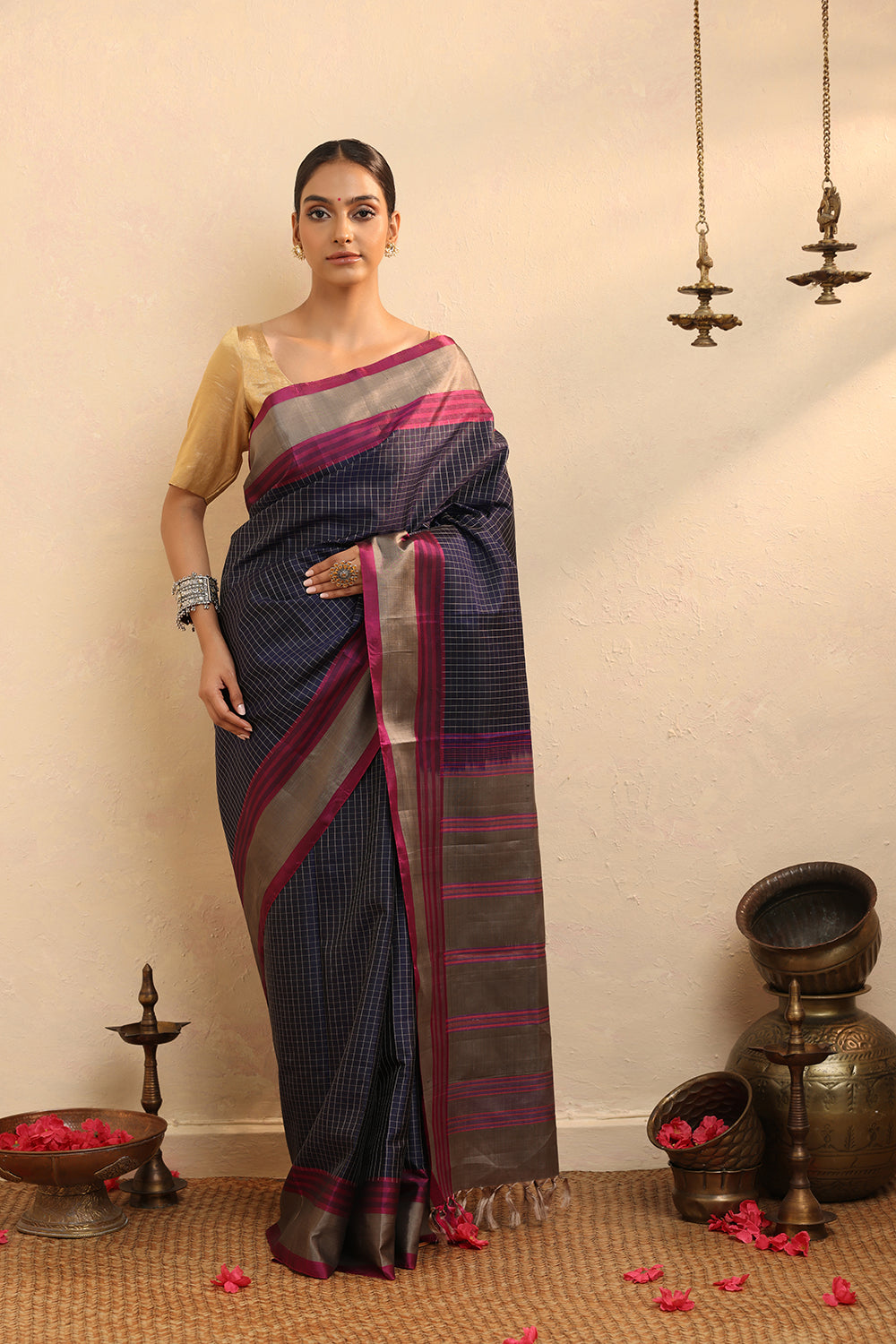 Handloom Purple Checks Pure Silk  Kanchi Contemporary Saree
