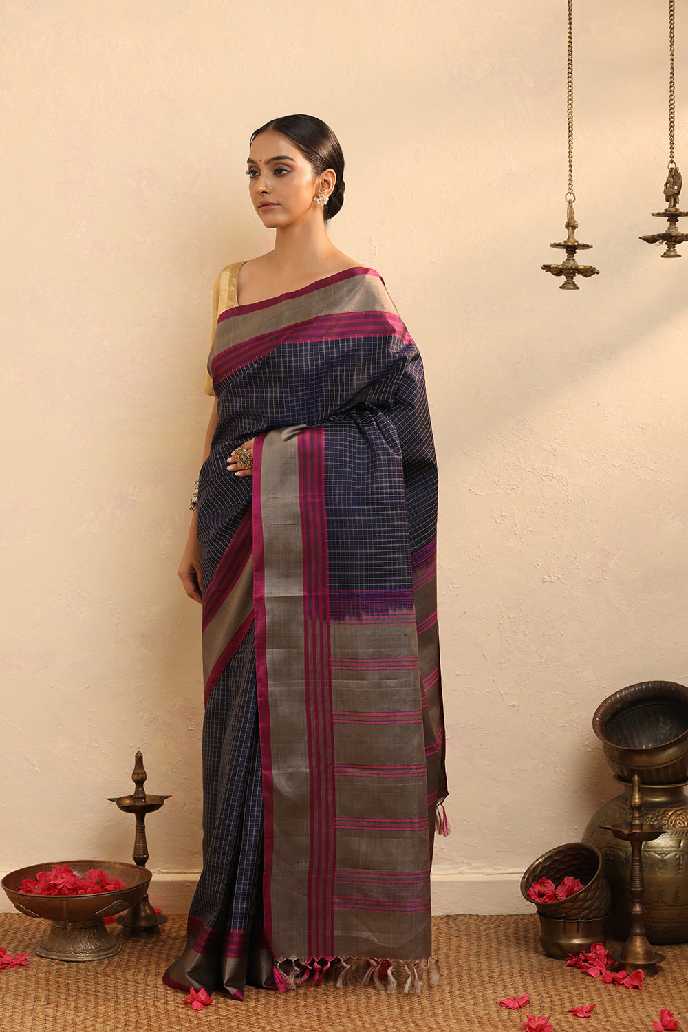 Handloom Purple Checks Pure Silk  Kanchi Contemporary Saree