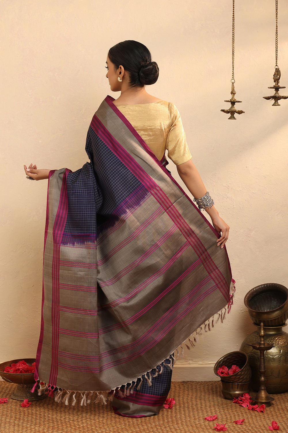 Handloom Purple Checks Pure Silk  Kanchi Contemporary Saree