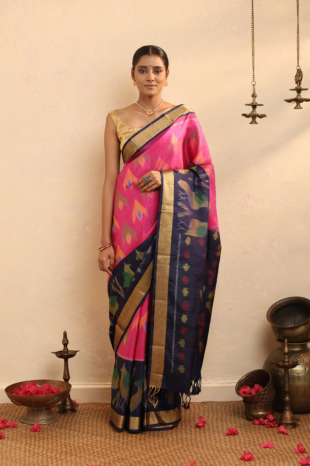 Handloom Pink & Purple Pure Silk Pochampally Saree With Zari Border