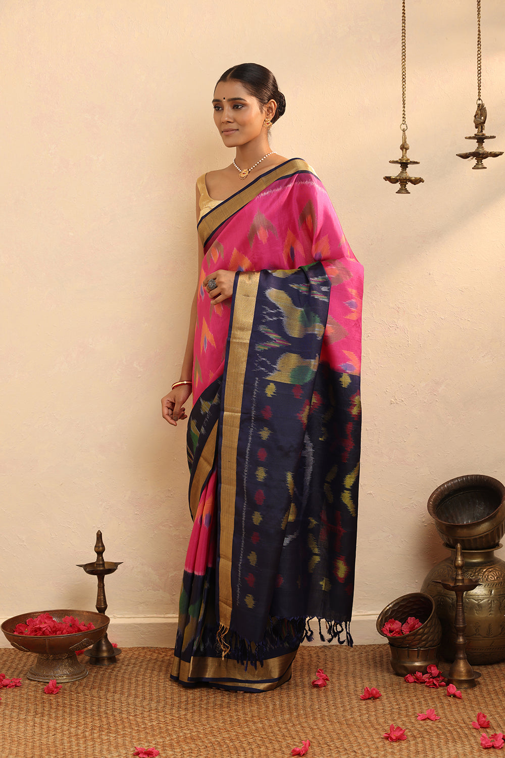 Handloom Pink & Purple Pure Silk Pochampally Saree With Zari Border