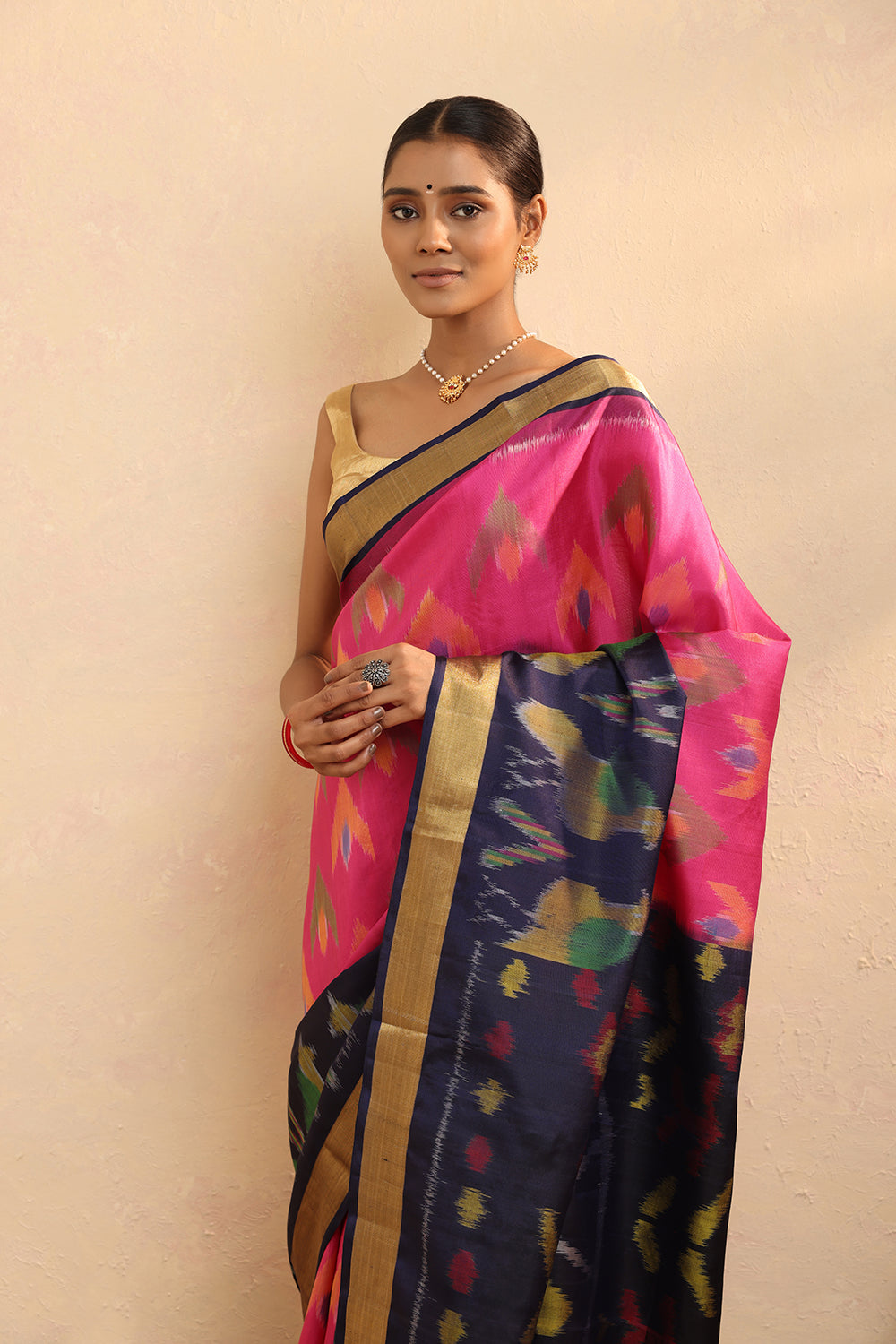 Handloom Pink & Purple Pure Silk Pochampally Saree With Zari Border