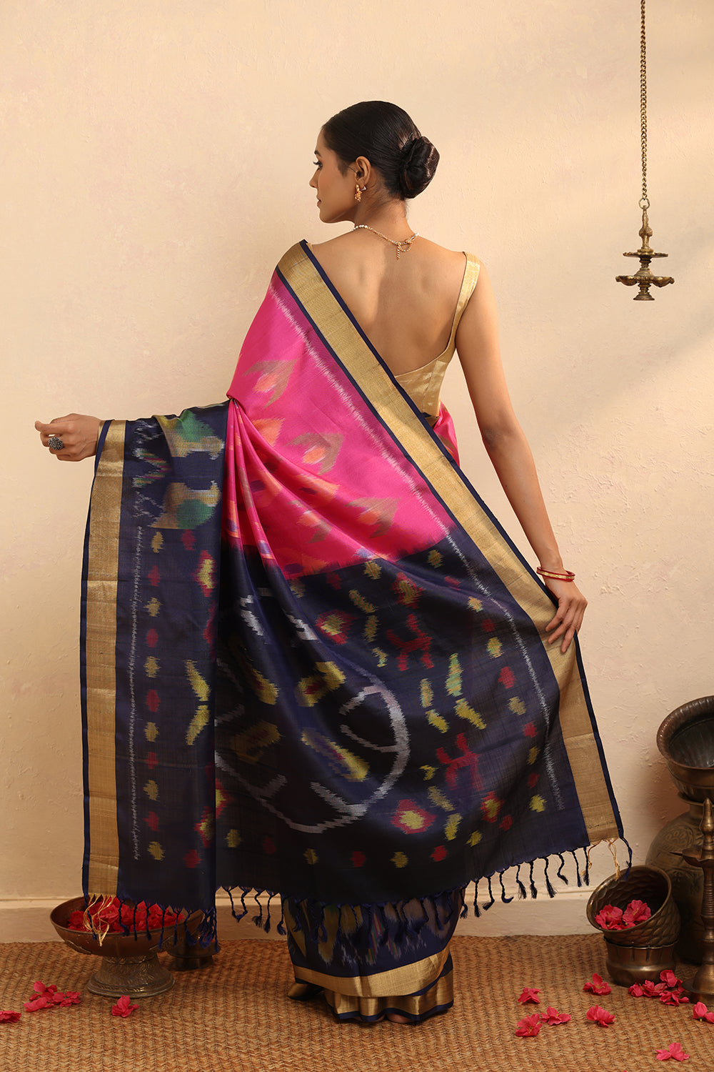 Handloom Pink & Purple Pure Silk Pochampally Saree With Zari Border