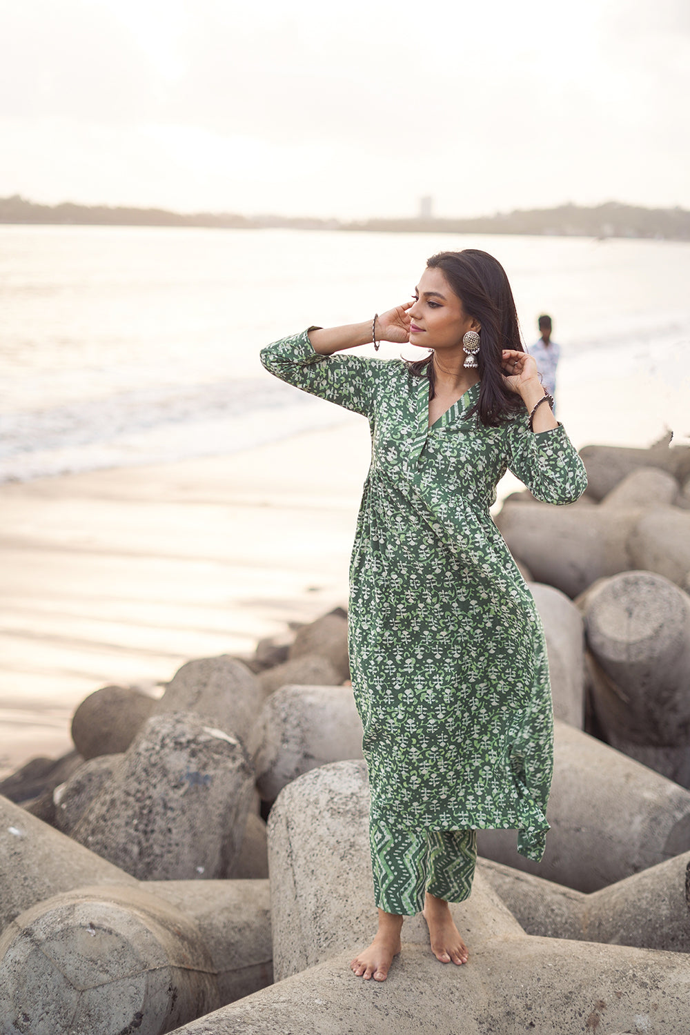 Green Pure Cotton Floral Block Print Kurta Set