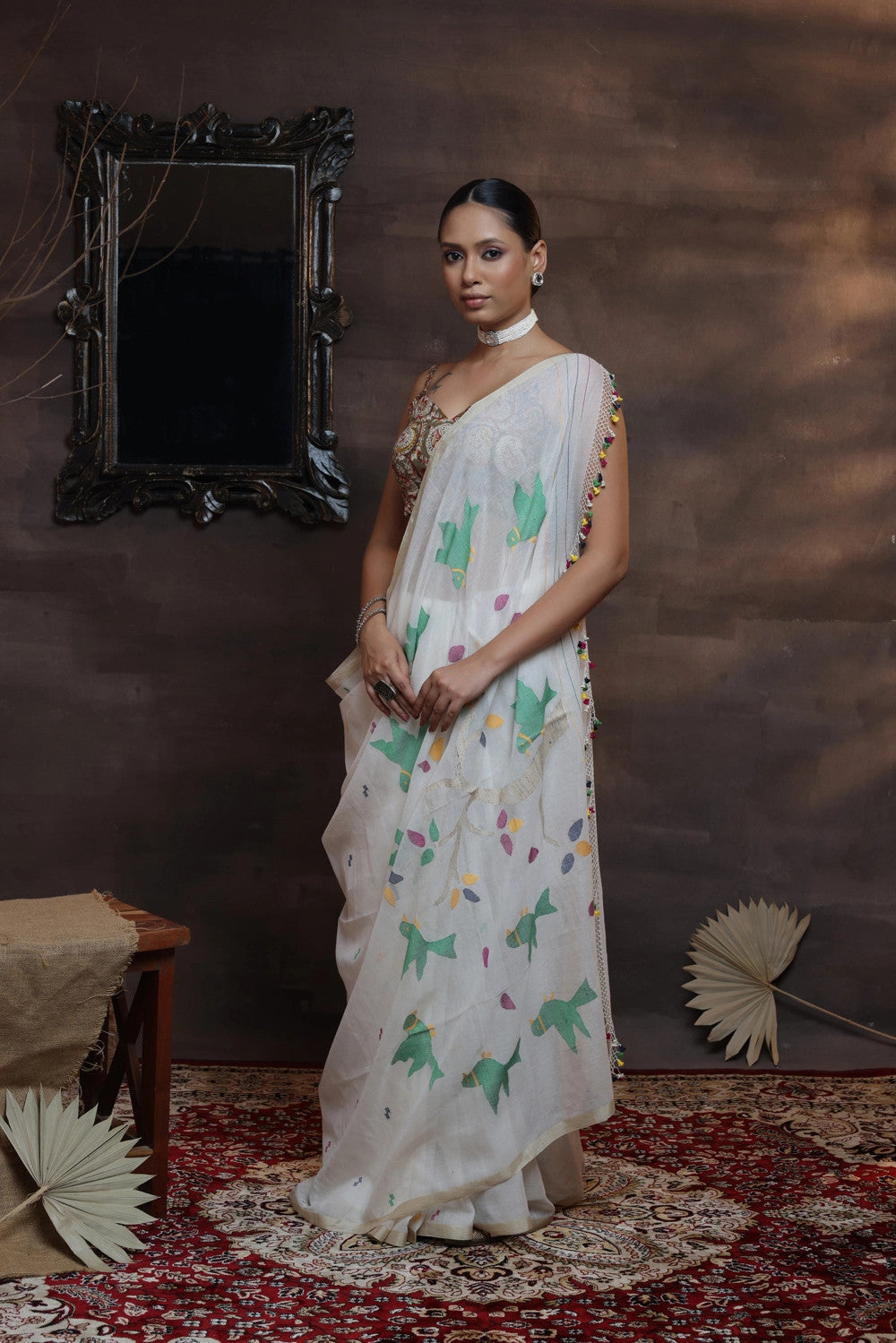 Handloom White soft cotton Jamdani with floral and parrot motifs
