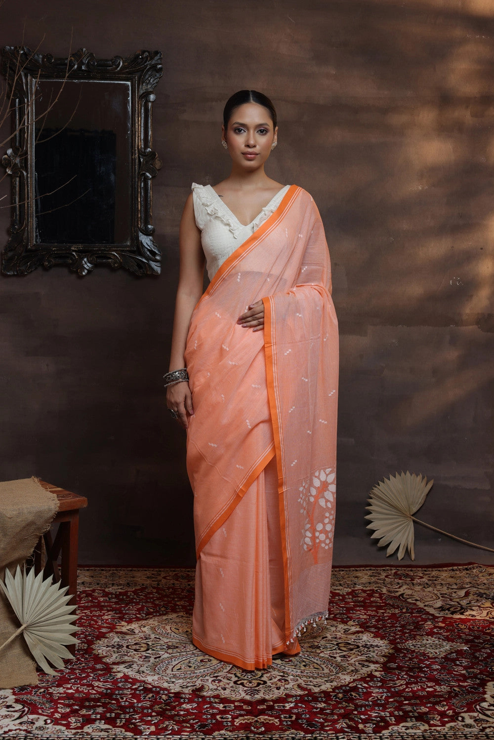 Saffron handwoven bengal linen saree – GoCoop