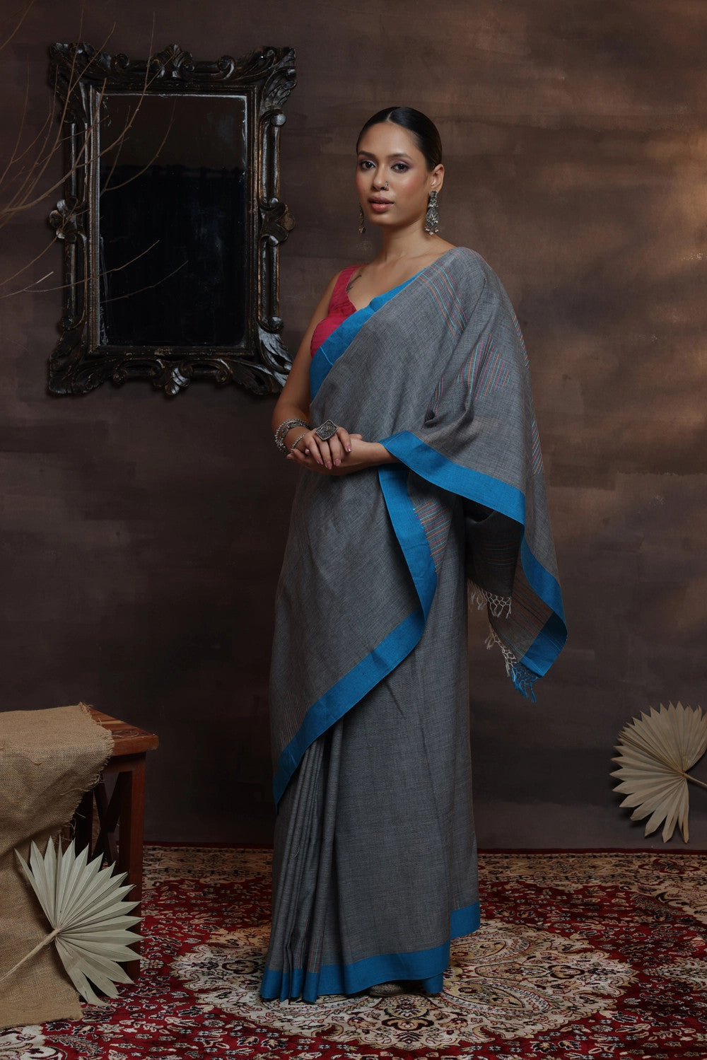 Buy dark grey dhaniakhali cotton saree online By Craftiva | dhaniakhali