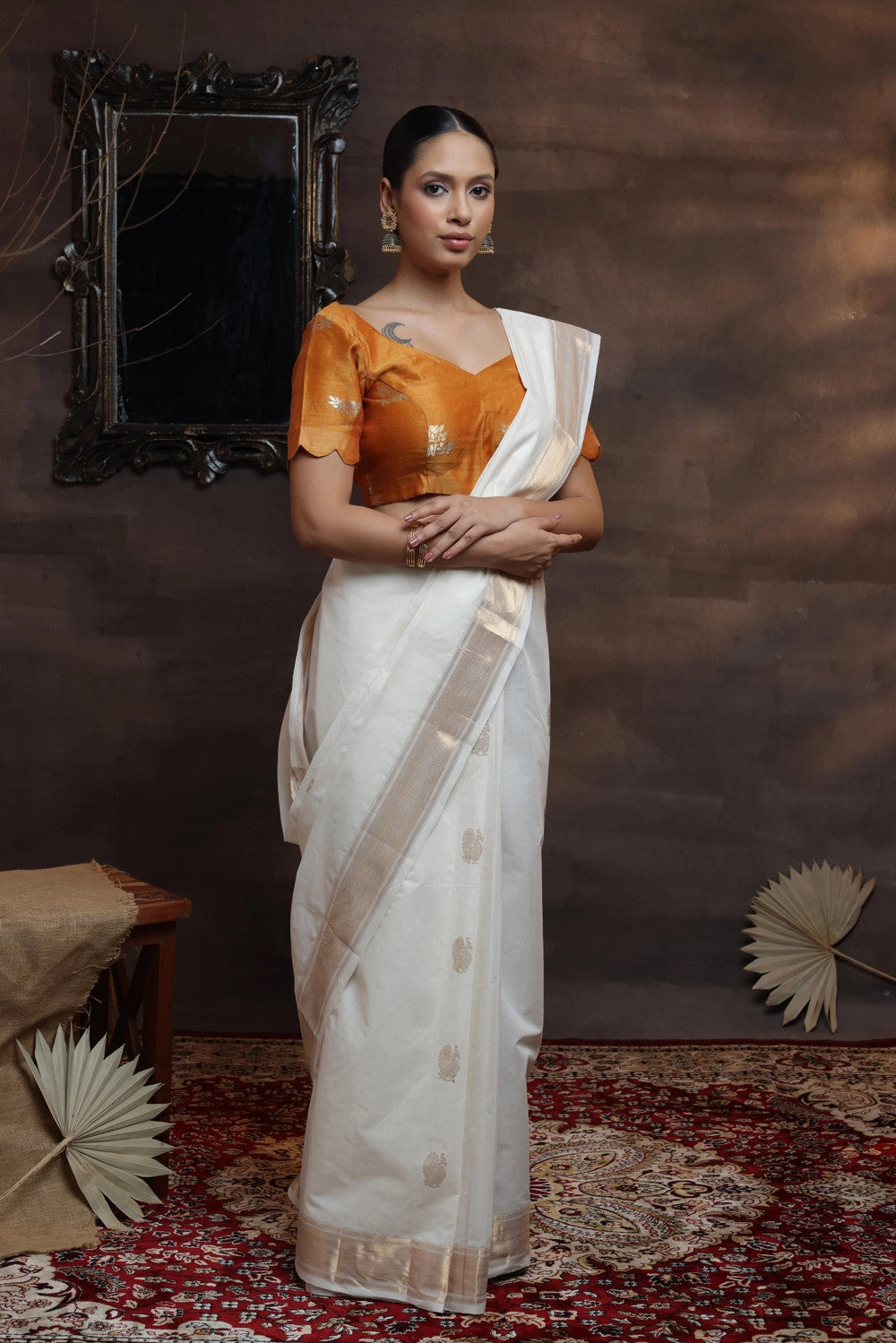 Off White Handloom Pure Cotton Kasavu Saree With Gold Zari Border & Motifs