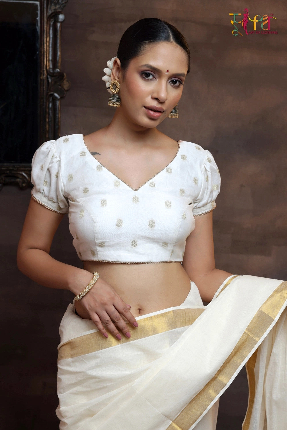 Beige Saree in Georgette With Heavy Embroidery And Maroon Bl