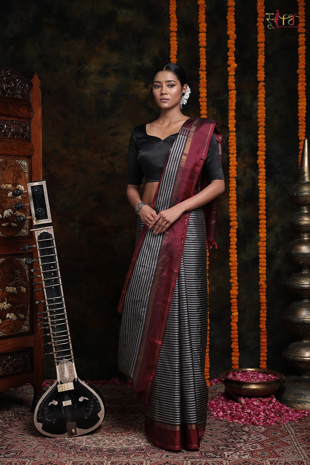 Black Matka Silk Saree with Multi Coloured Jamdani Design – Thearyavart