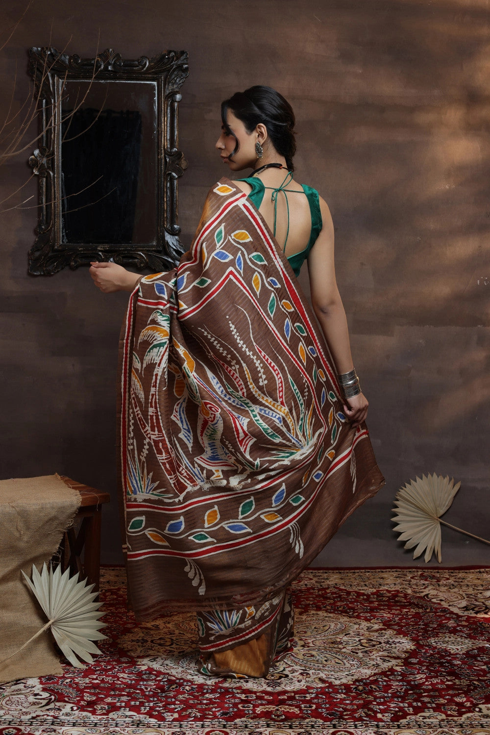 Brown Handloom Pure Silk Hand Painted Saree