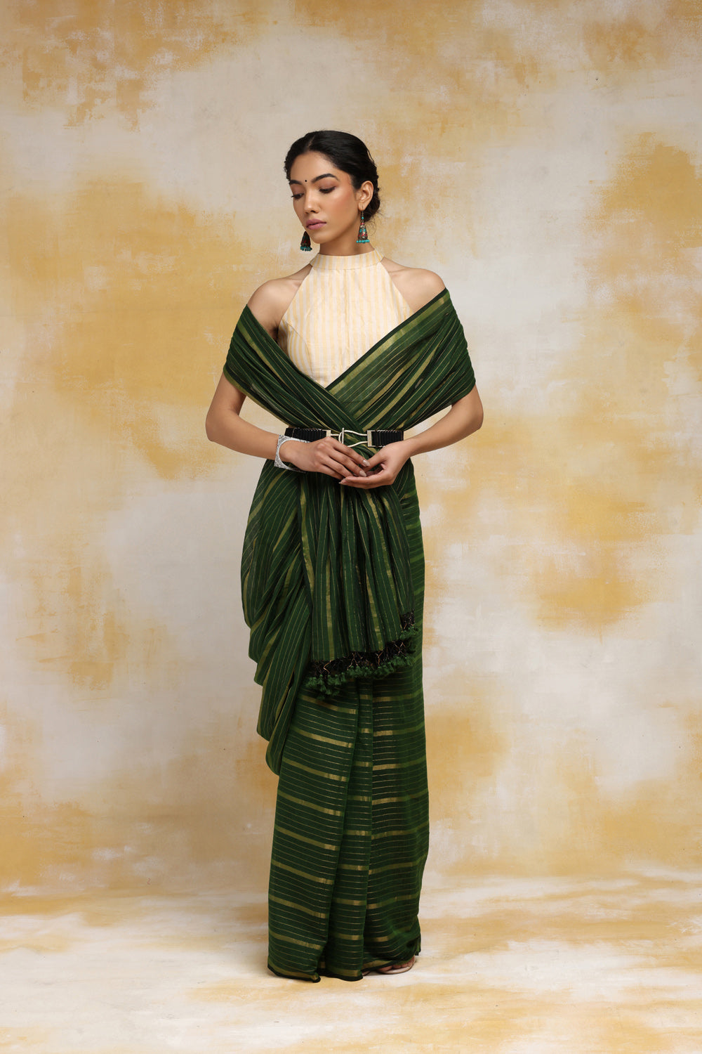 Handloom Mulmul Cotton Dark Green Saree With Zari Stripes & Tassels