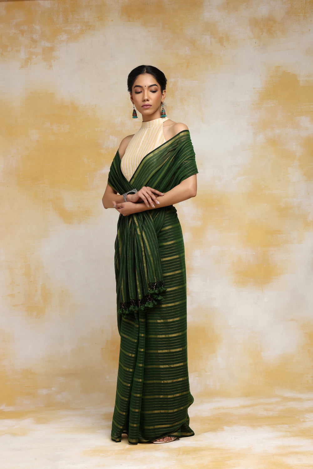 Handloom Mulmul Cotton Dark Green Saree With Zari Stripes & Tassels