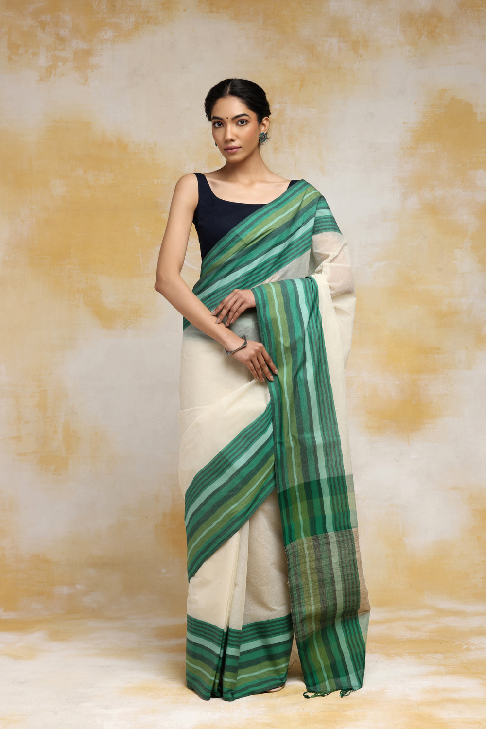 Handloom Cream Cotton Saree With Green Border