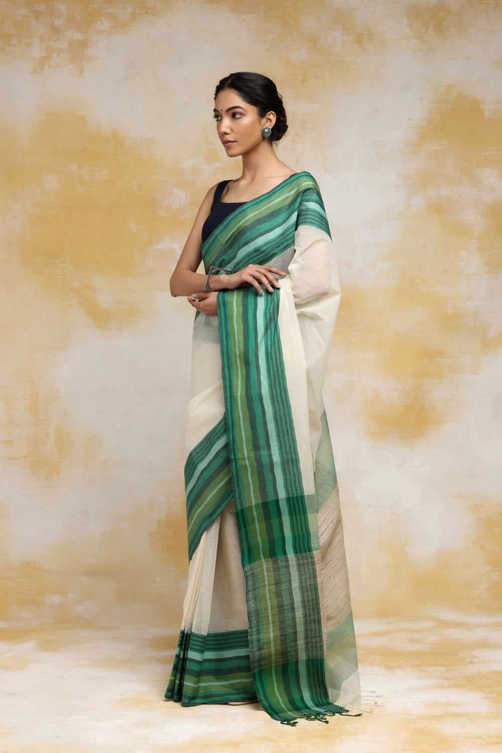 Handloom Cream Cotton Saree With Green Border