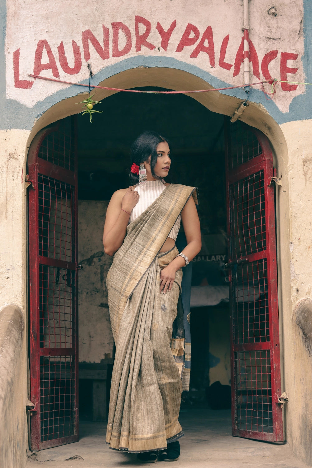 Handloom Beige & Grey Pure Tussar Silk Saree