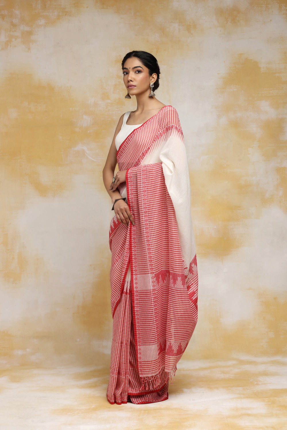 Red and Gold Linen Check Saree – Via East