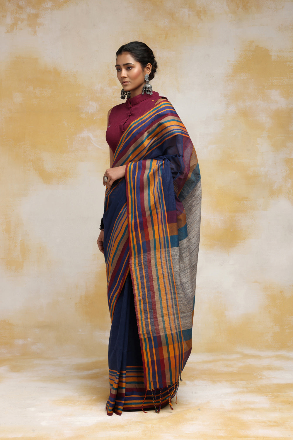 Handloom Navy Blue Pure Cotton Saree With Multi Colour Border