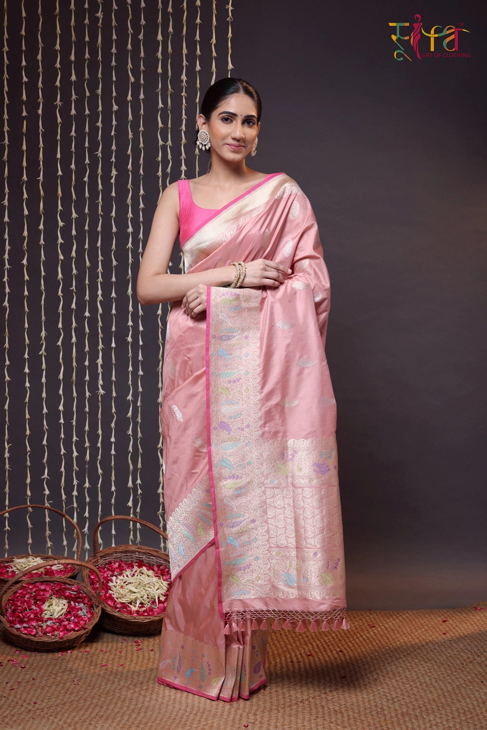 Pastel Pink Pure Silk Banarasi Saree With Kadhwa Boder And Pallu