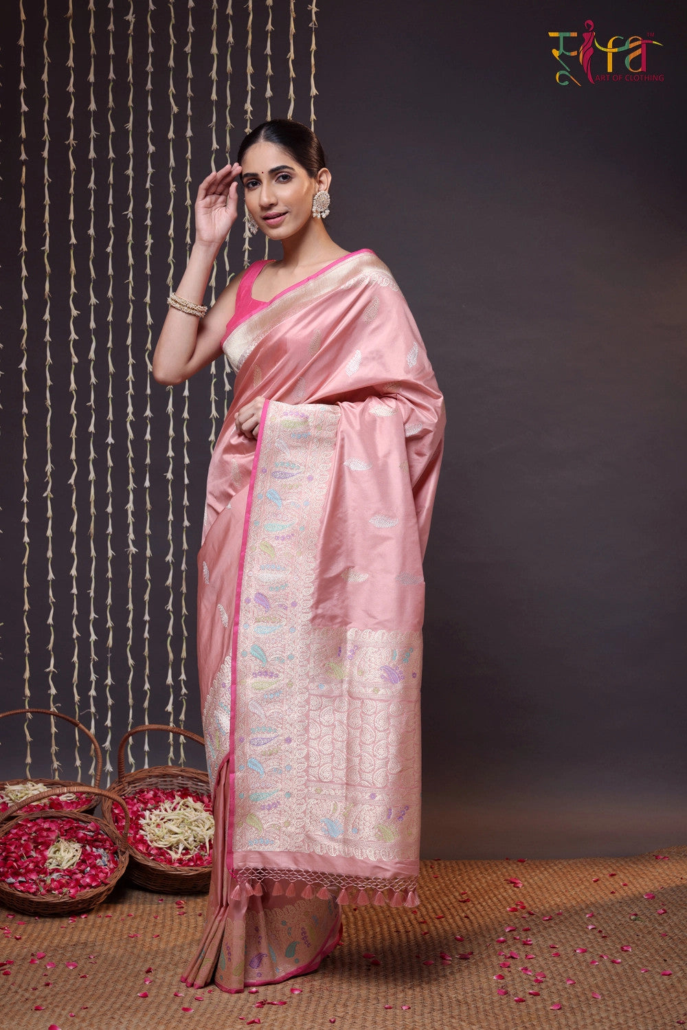 Pastel Pink Pure Silk Banarasi Saree With Kadhwa Boder And Pallu