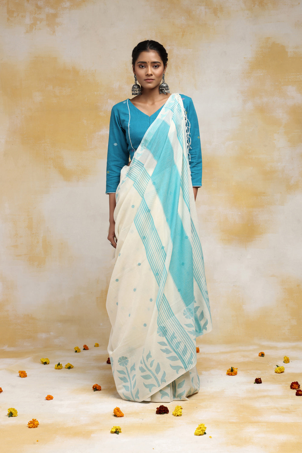 Handloom Off White & Sky Blue Soft Cotton Jamdani Saree