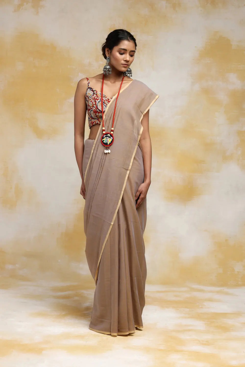 Handloom Clay Beige Mulmul Cotton Saree With  Tassels