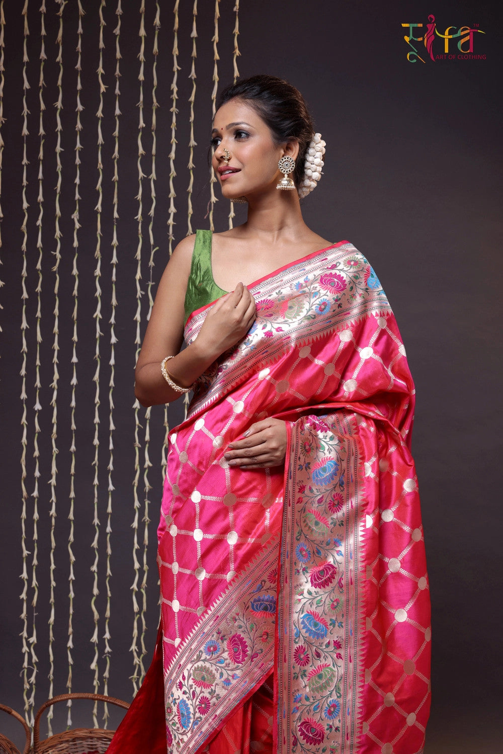 Traditional Strawberry-Pink Paithani Silk Saree With Purple Border