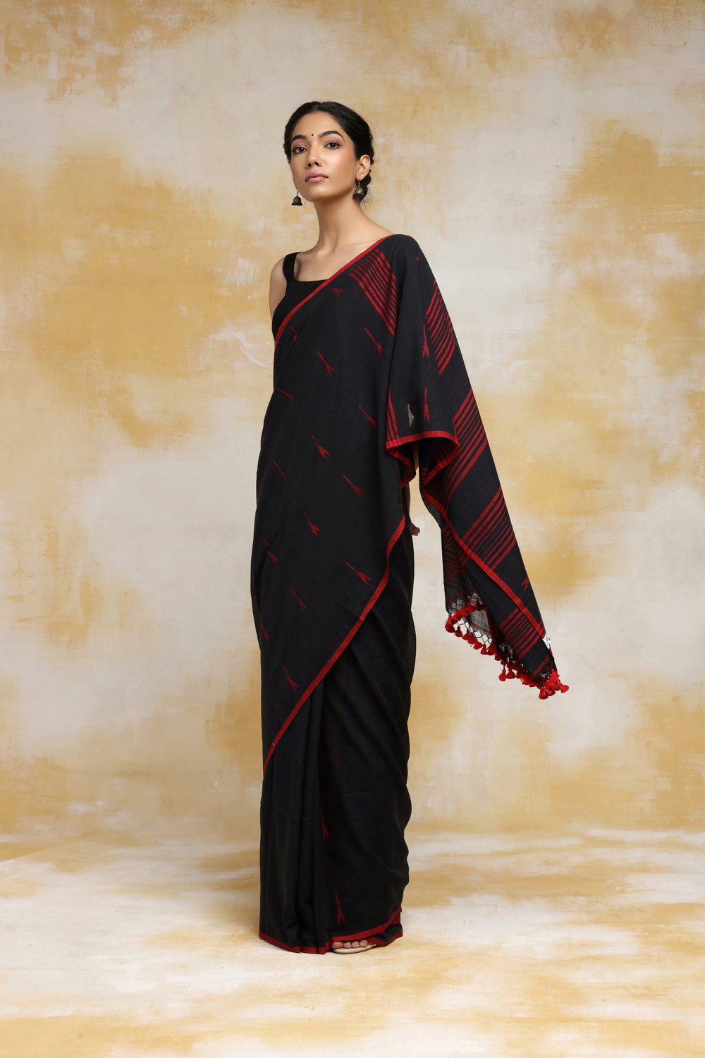 Handloom Black Booti Mulmul cotton Saree with Red Tassels