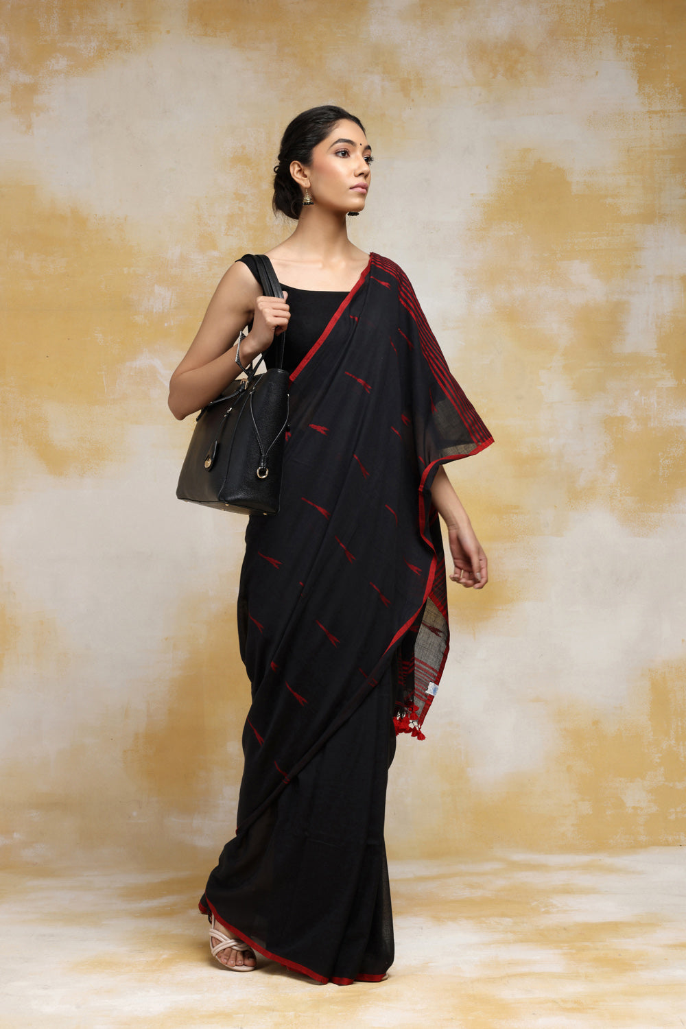 Handloom Black Booti Mulmul cotton Saree with Red Tassels