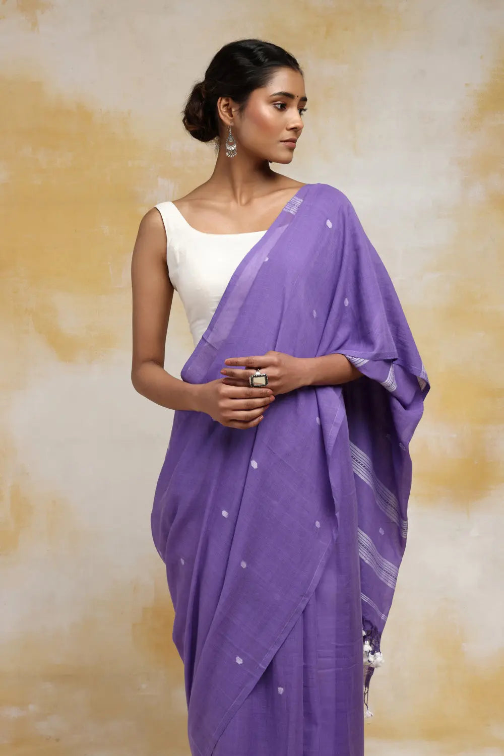 Handloom Purple Mulmul Cotton Saree With White Booti And Tassels