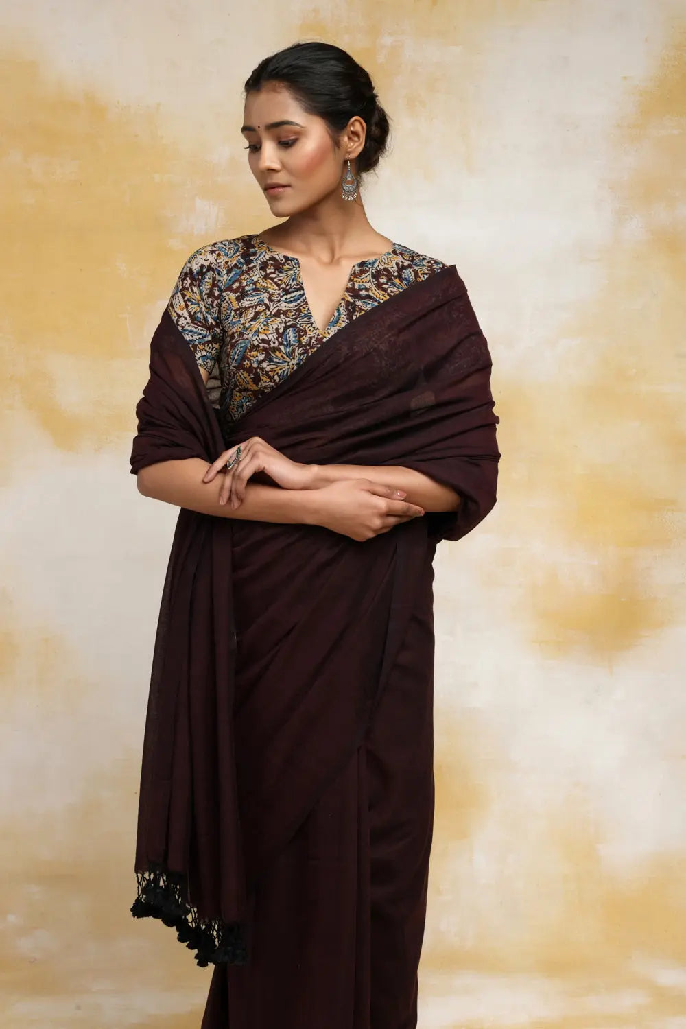 Handloom Chocolate Brown Mulmul Cotton Saree With Tassels