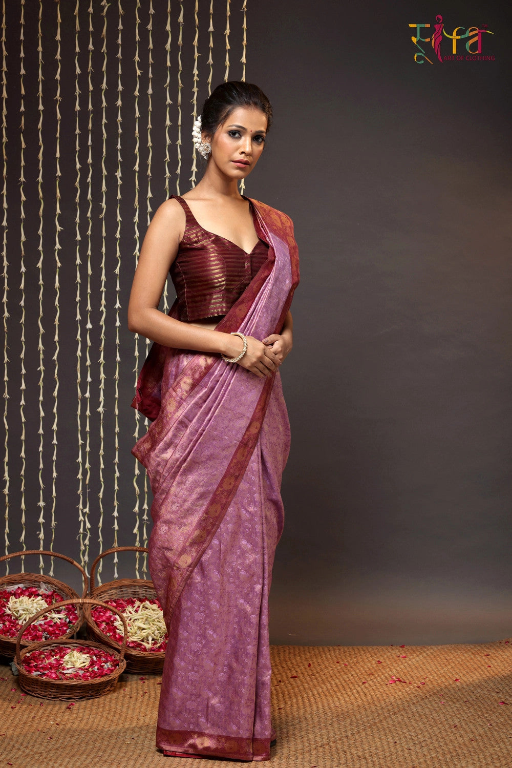 Purple Handloom Pure Silk Tanchoi Banarasi Saree