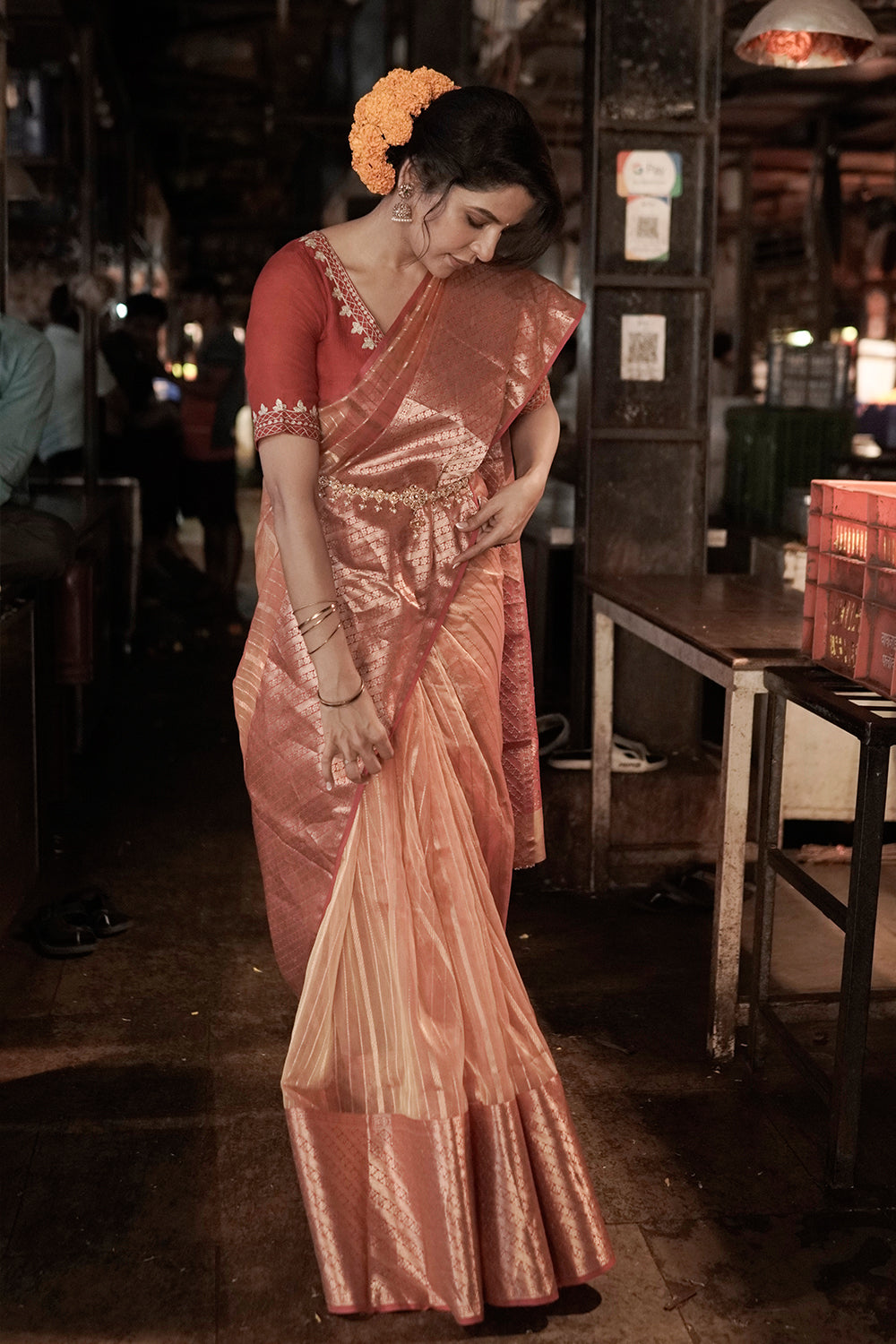 Orange Handloom Chanderi Pure Katan Silk Saree With Broad Gold Zari Border