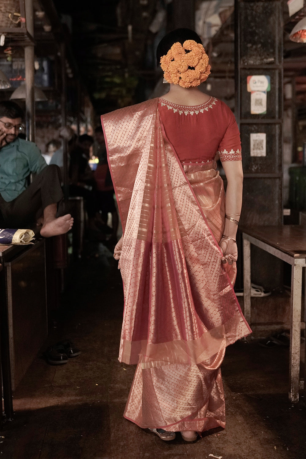 Orange Handloom Chanderi pure Katan silk Saree with broad Gold Zari bo