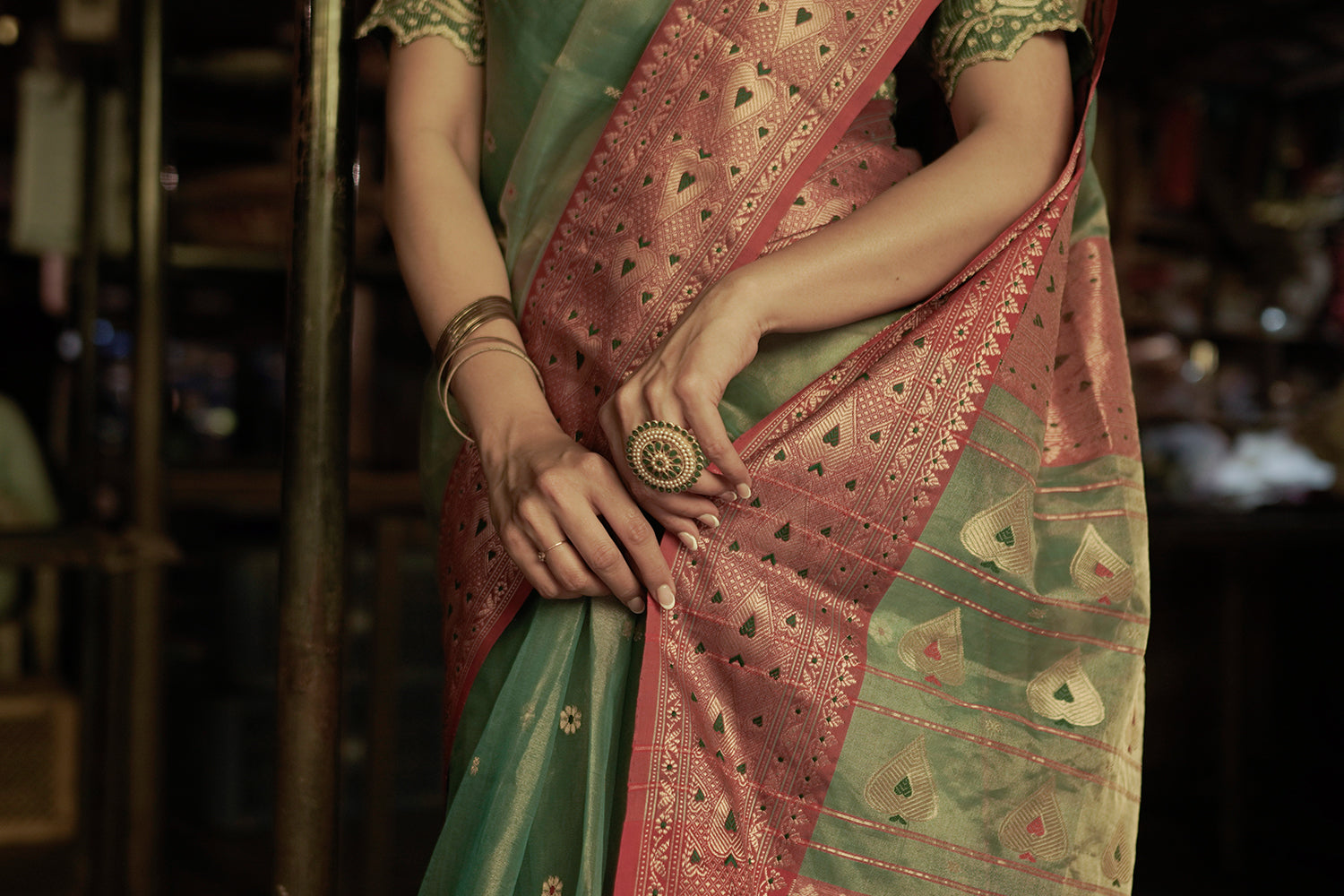 Golden Shower : Blockprint Vanaspati Chanderi Saree – Gray and Green Store