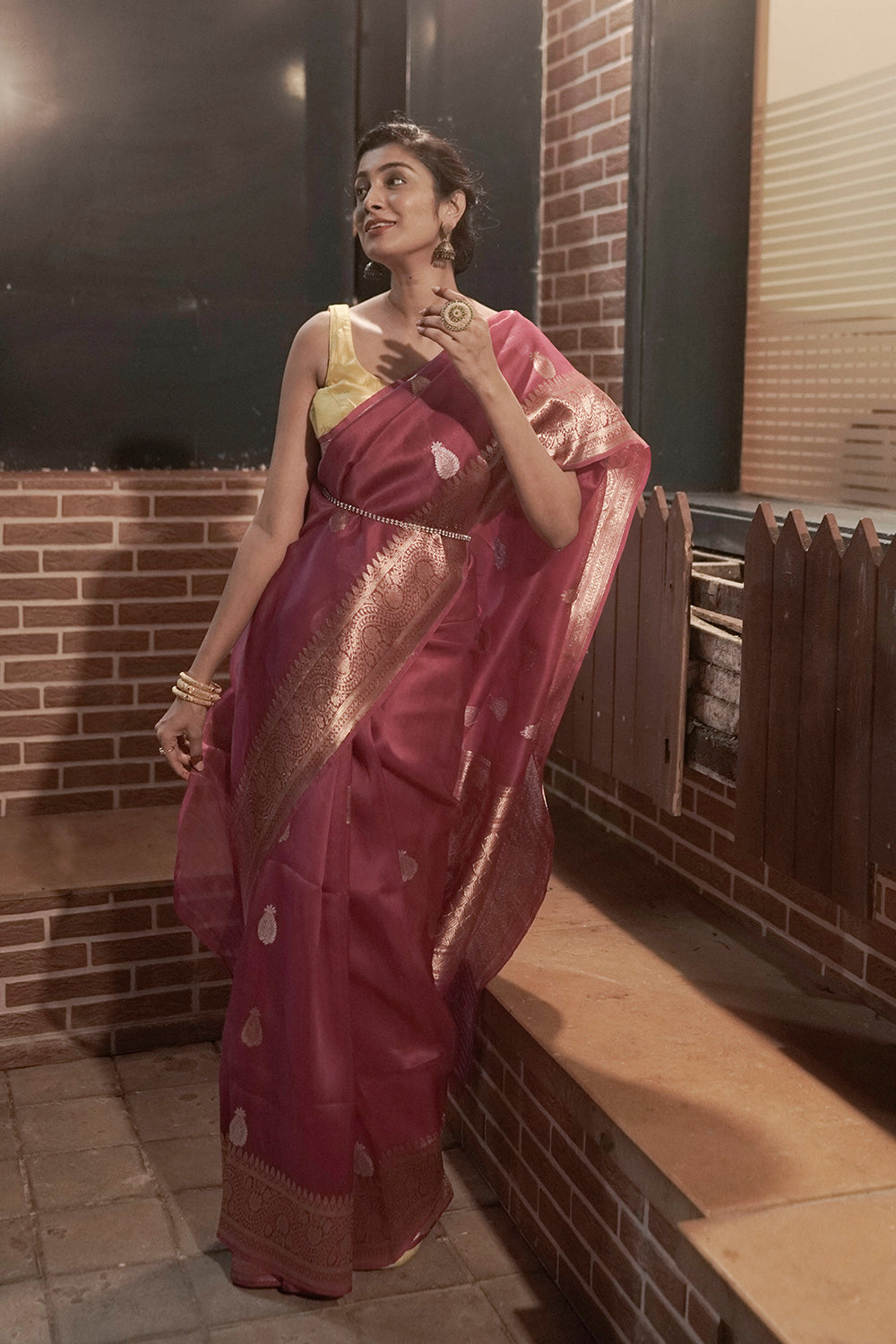 Handloom Pink Organza Saree With Gold Zari Border