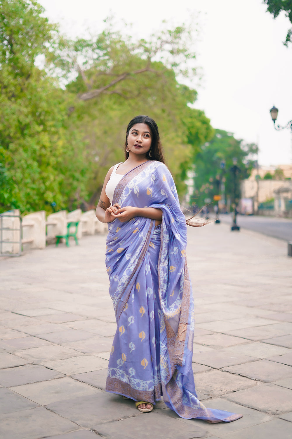 Handloom Lavender Purple Modal Cotton Hand Block Print Saree