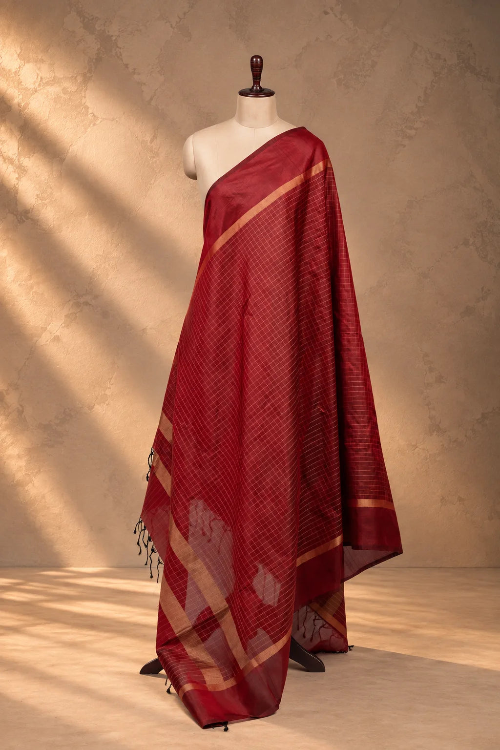Maroon Kanjivaram Pure Silk Zari Checks Dupatta-Sutra Art of Clothing