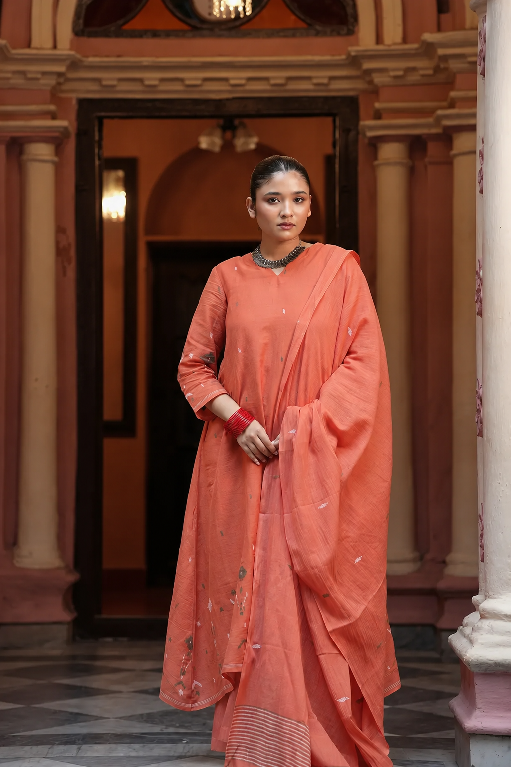 Rust Orange Jamdani Handwoven Pure Cotton Kurta Set