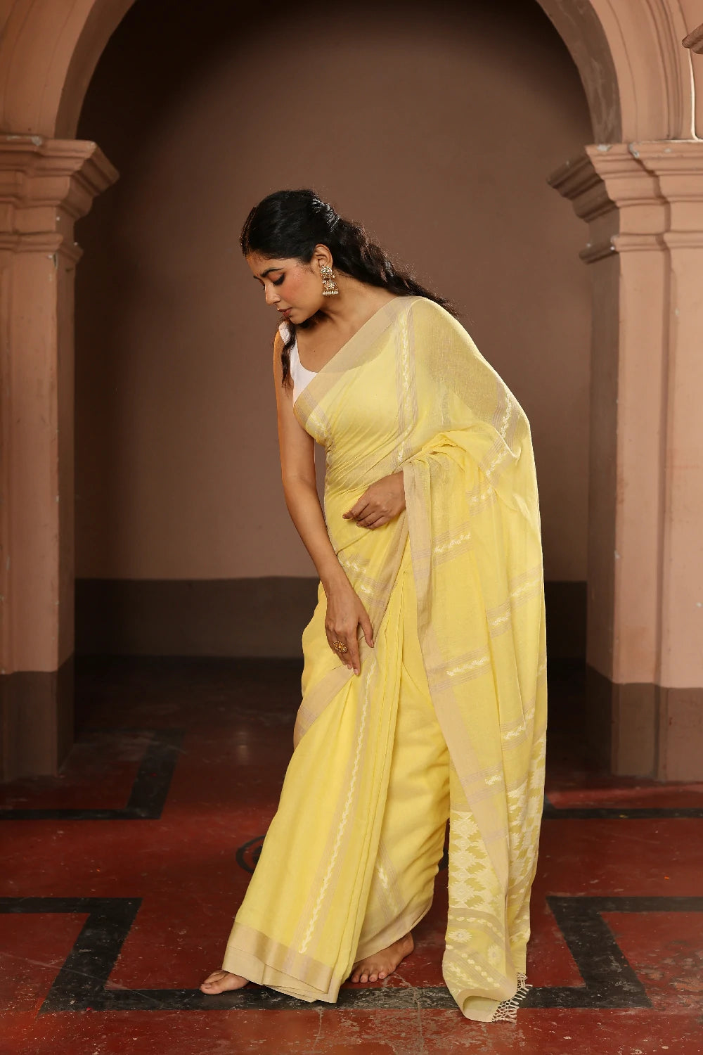 Handloom Lemon Yellow Pure Cotton Jamdani Saree