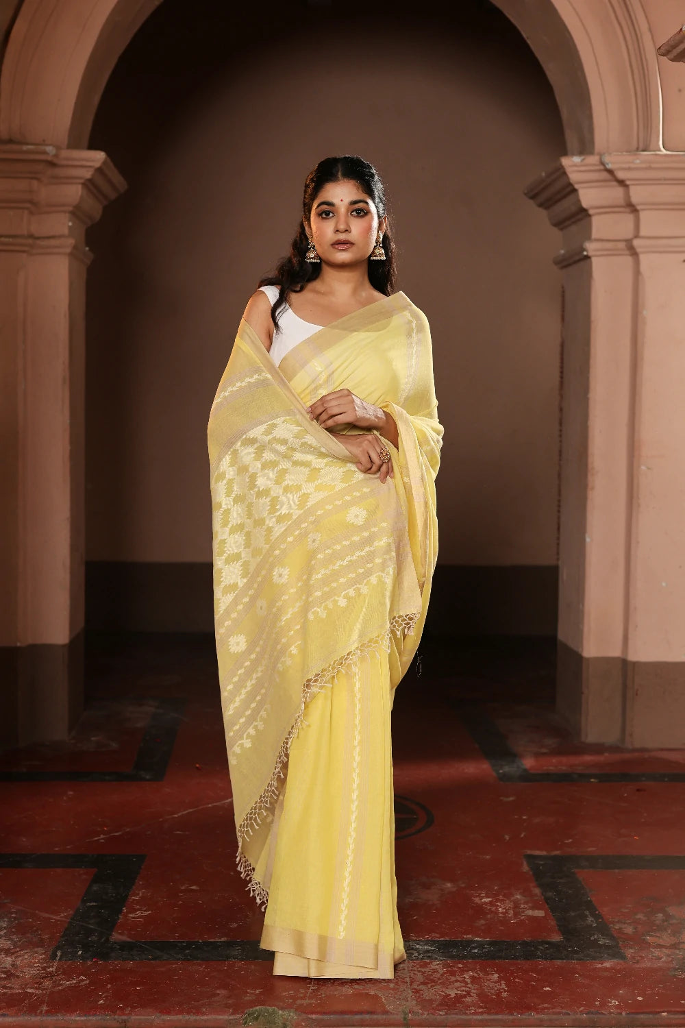 Handloom Lemon Yellow Pure Cotton Jamdani Saree
