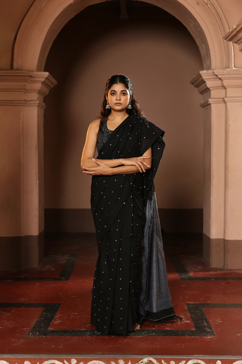 Handloom Black Polka Pure Cotton Jamdani Saree