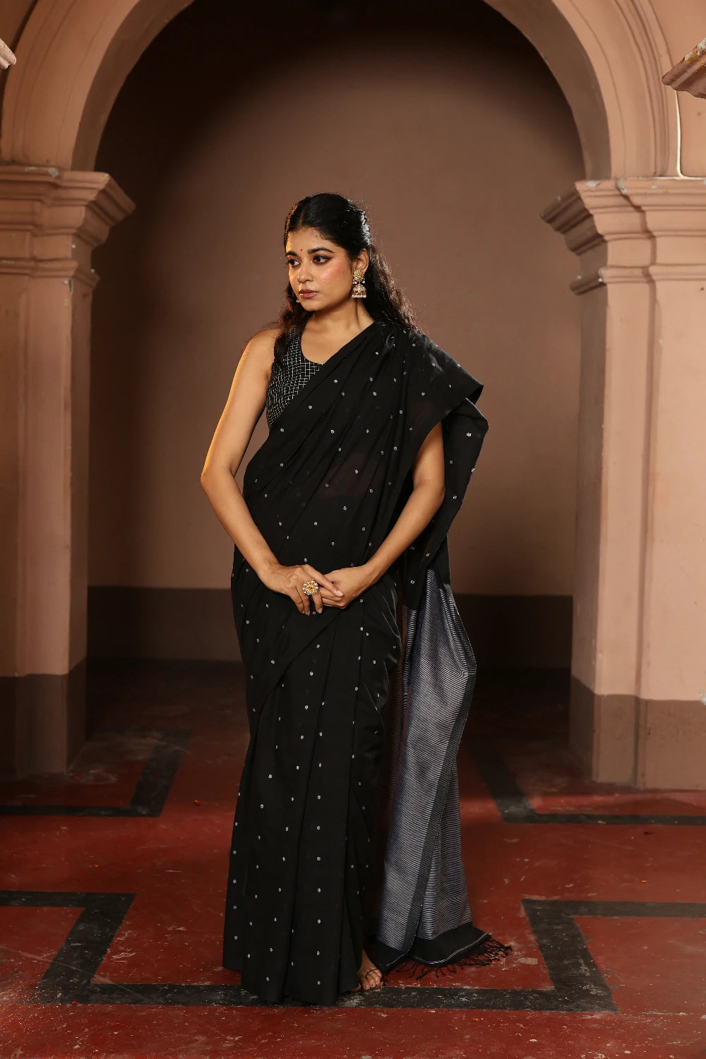 Handloom Black Polka Pure Cotton Jamdani Saree